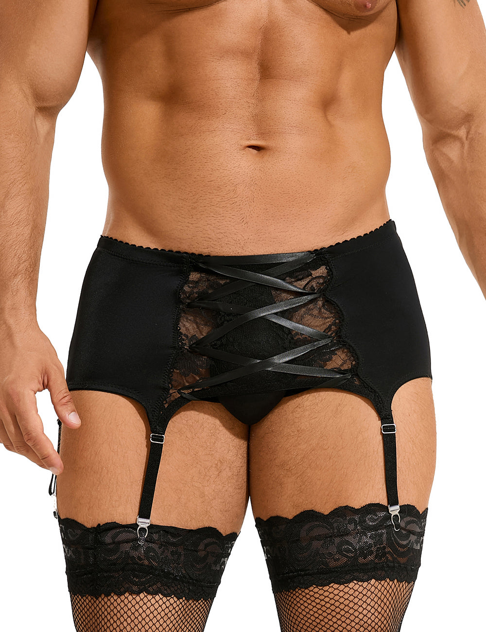 Men's Black Lace Strap Garter Panty Sissy Lingerie Crossdress