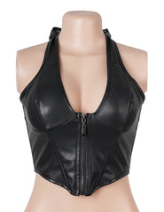Black Halter Neck Deep V Zippered Leather Corset