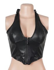 Black Halter Neck Deep V Zippered Leather Corset