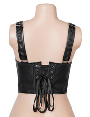 Black Square Neckline Lace Up Faux Leather Corset
