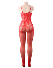 Women Plus Size High Stretch Fishnet Pothole Mesh Bodystocking In Black & Red Colors