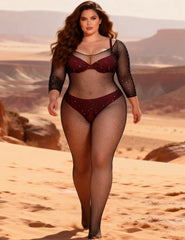 Red Fishnet Diamonds Long Sleeve Bodystocking