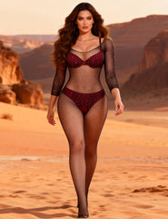 Red Fishnet Diamonds Long Sleeve Bodystocking