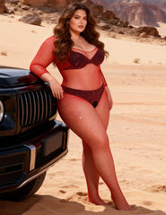 Red Fishnet Diamonds Long Sleeve Bodystocking