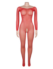 Red Fishnet Diamonds Long Sleeve Bodystocking