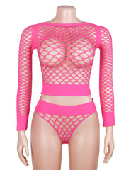 Long Sleeve Two-Piece Bodystocking With Fishnet Crop Top