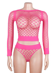 Long Sleeve Two-Piece Bodystocking With Fishnet Crop Top