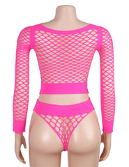 Long Sleeve Two-Piece Bodystocking With Fishnet Crop Top