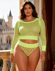 Long Sleeve Two-Piece Bodystocking With Fishnet Crop Top