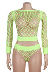 Long Sleeve Two-Piece Bodystocking With Fishnet Crop Top