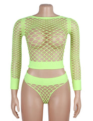 Long Sleeve Two-Piece Bodystocking With Fishnet Crop Top