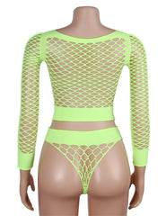 Long Sleeve Two-Piece Bodystocking With Fishnet Crop Top