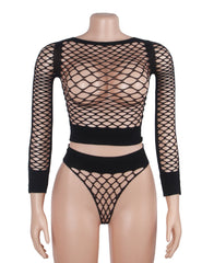 Long Sleeve Two-Piece Bodystocking With Fishnet Crop Top