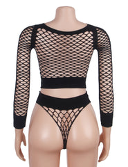 Long Sleeve Two-Piece Bodystocking With Fishnet Crop Top