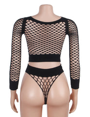 Long Sleeve Two-Piece Bodystocking With Fishnet Crop Top
