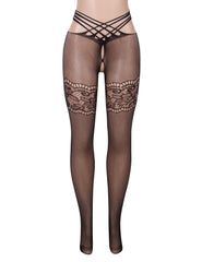 Black Sexy Fishnet Lace Patterned Cross Straps Open Crotch Pantyhose