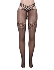 Black Sexy Fishnet Lace Patterned Cross Straps Open Crotch Pantyhose