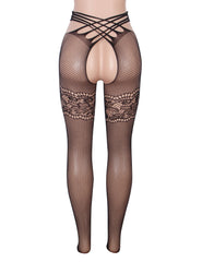 Black Sexy Fishnet Lace Patterned Cross Straps Open Crotch Pantyhose