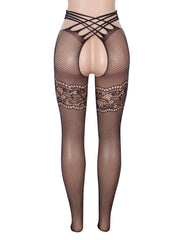 Black Sexy Fishnet Lace Patterned Cross Straps Open Crotch Pantyhose