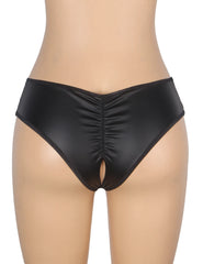 Black Stretch Faux Leather Crotchless Panty