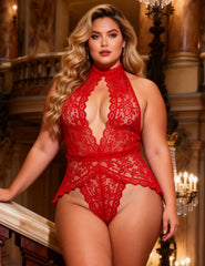 Plus Size Halter Lace Cutout Teddy