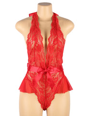 Halter V-Neck Ruffle Teddy with Belt — Plus Size