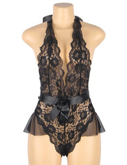 Halter V-Neck Ruffle Teddy with Belt — Plus Size