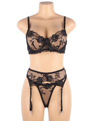 Floral Embroidery Underwire Garter Lingerie Set