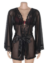 Sexy Long Sleeve Mesh Sleepwear With Belt