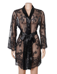 Sexy Long Sleeve Black Eyelash Lace Plus Size Short Sleepwear With Thong