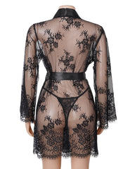 Sexy Long Sleeve Black Eyelash Lace Plus Size Short Sleepwear With Thong