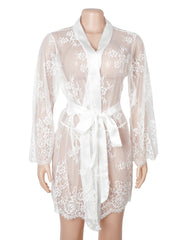 Sexy Long Sleeve Black Eyelash Lace Plus Size Short Sleepwear With Thong