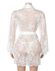 Sexy Long Sleeve Black Eyelash Lace Plus Size Short Sleepwear With Thong