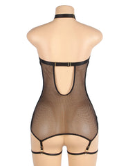 Black Mesh PU Leather Deep V-Neck Halter Sexy Lingerie