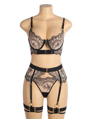 Sexy Mesh Embroidery Lace Garter Bra Set