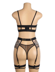 Sexy Mesh Embroidery Lace Garter Bra Set
