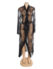 Sexy Lace Satin Mesh Long Nightgown With Belt