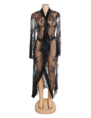 Sexy Lace Satin Mesh Long Nightgown With Belt