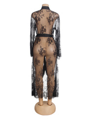 Sexy Lace Satin Mesh Long Nightgown With Belt