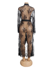 Sexy Lace Satin Mesh Long Nightgown With Belt