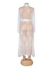 Sexy Lace Satin Mesh Long Nightgown With Belt