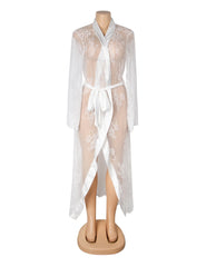 Sexy Lace Satin Mesh Long Nightgown With Belt