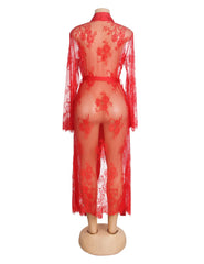 Sexy Lace Satin Mesh Long Nightgown With Belt