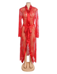 Sexy Lace Satin Mesh Long Nightgown With Belt
