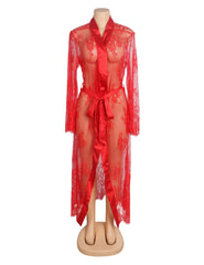 Sexy Lace Satin Mesh Long Nightgown With Belt