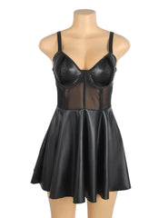Leather Mesh Suspender Babydoll Set