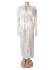 Sexy Mesh Eyelash Lace Long Nightgown with Belt