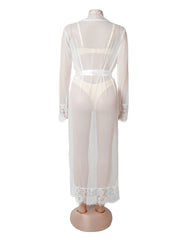 Sexy Mesh Eyelash Lace Long Nightgown with Belt