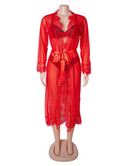 Sexy Mesh Eyelash Lace Long Nightgown with Belt