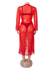 Sexy Mesh Eyelash Lace Long Nightgown with Belt